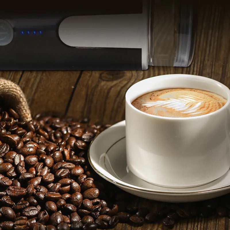 Black portable wireless electric coffee maker, 170ml tank, 1200mAh battery, USB charging, H245mm x 76mm
