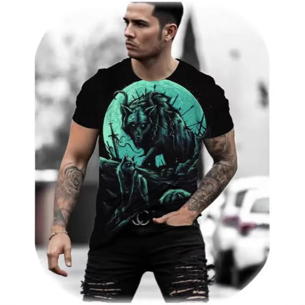 Retro 3D animal print men's short-sleeved t-shirt in thin bird eye cloth fabric