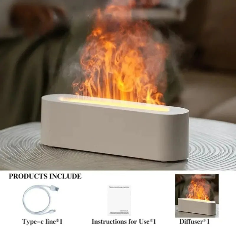 White square DQ709 ultrasonic aroma diffuser with LED flame light effect and cool mist vapour.