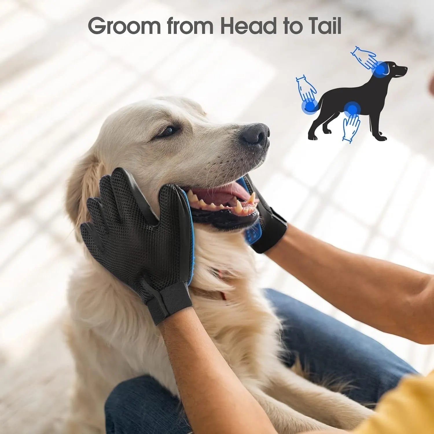 Blue pet grooming gloves with silicone grooming tips for dogs cats and horses