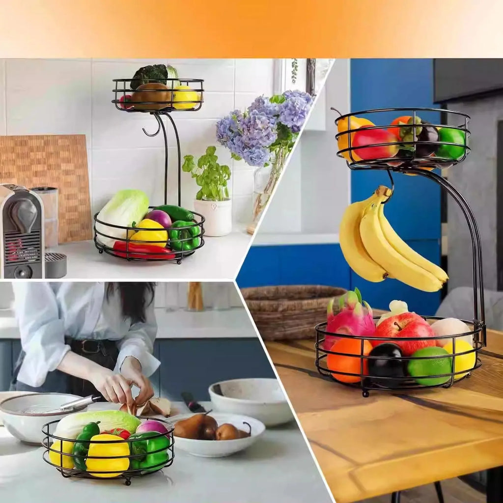 Black and gold wrought iron double-layer fruit storage basket for restaurant kitchen