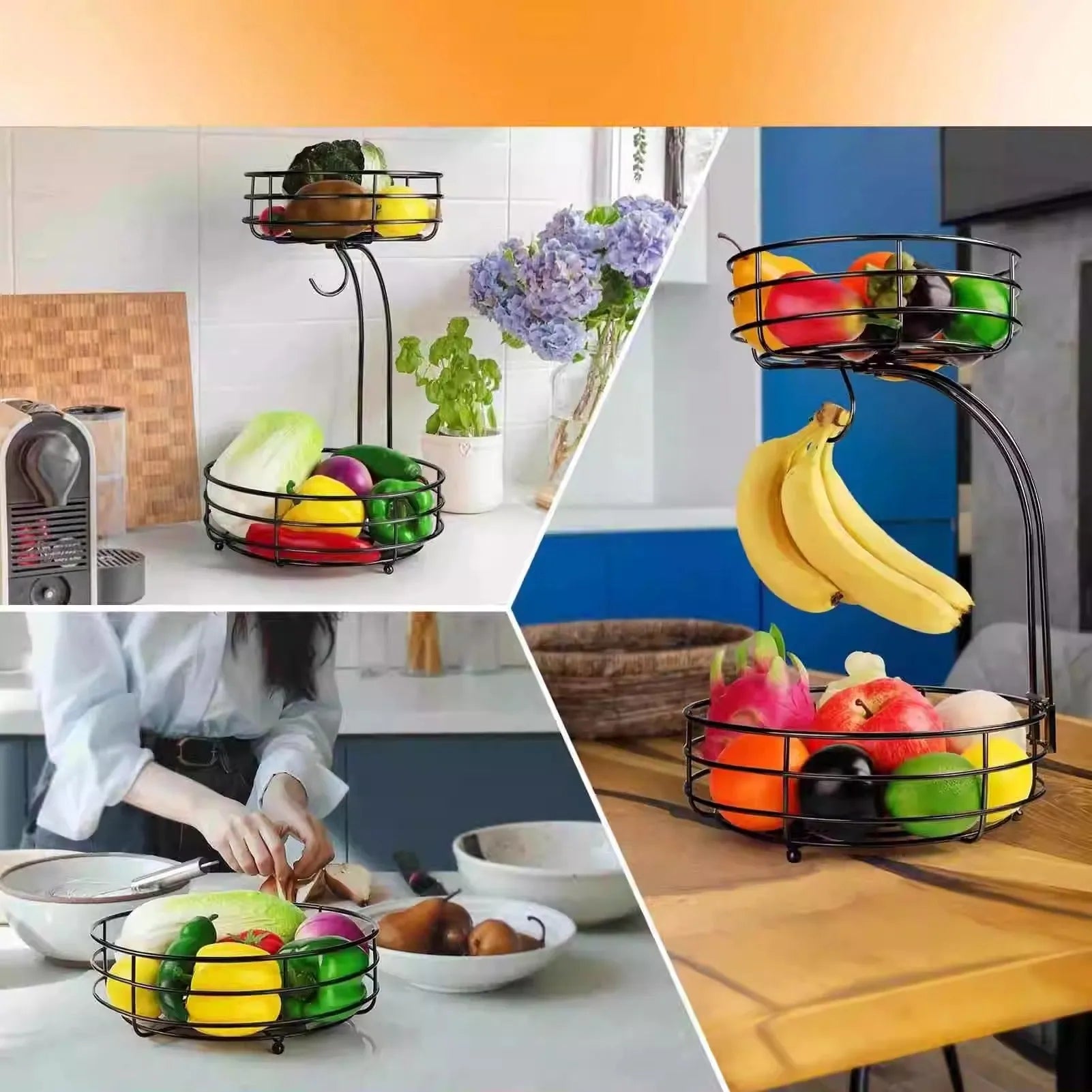 Black and gold wrought iron double-layer fruit storage basket for restaurant kitchen