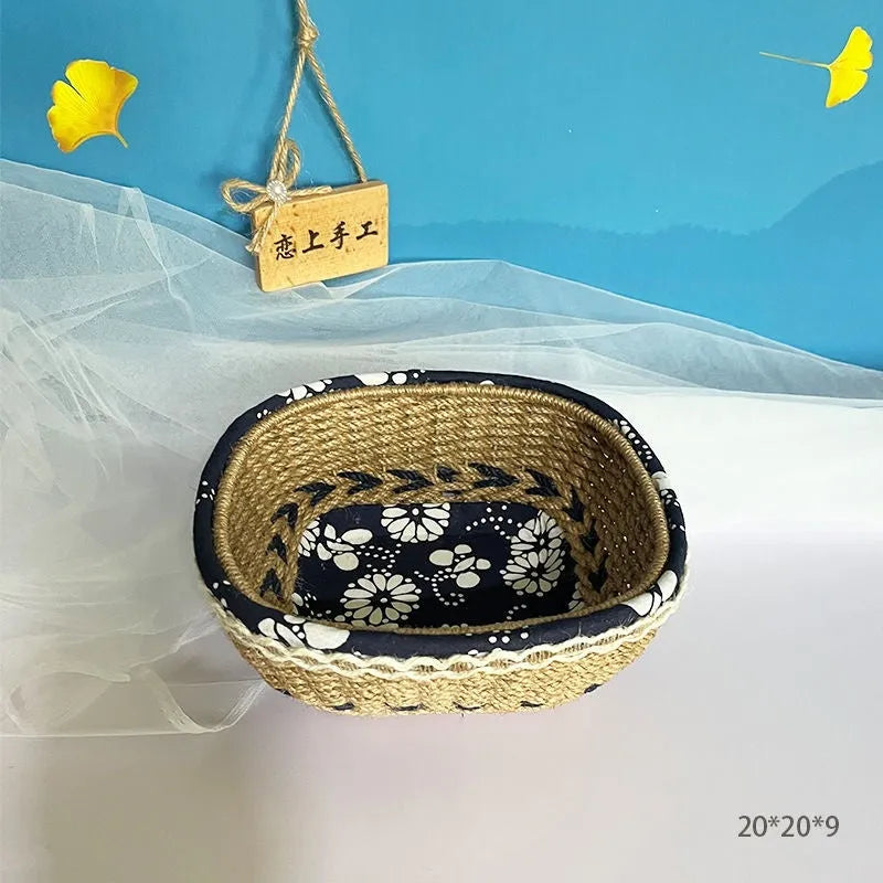 Blue square plastic storage basket with hand-woven twine pattern for desktop organisation