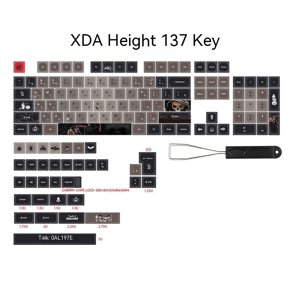 Five-sided sublimation PBT key cap set with Halloween theme in US layout showing 137 keys