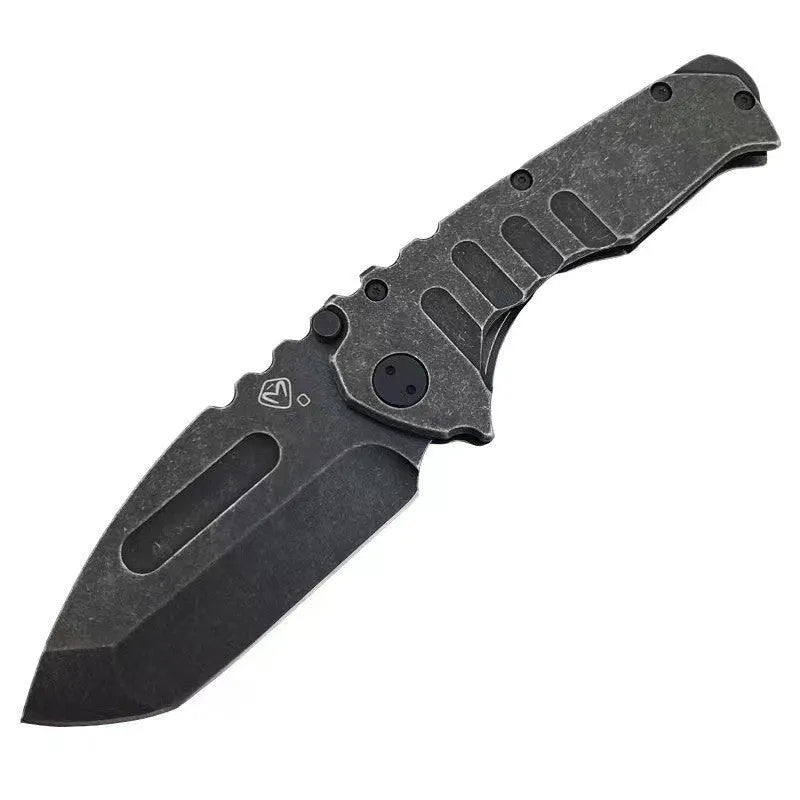 907 style outdoor folding knife with D2 steel blade, 9 cm blade, black handle, closed position on grey background