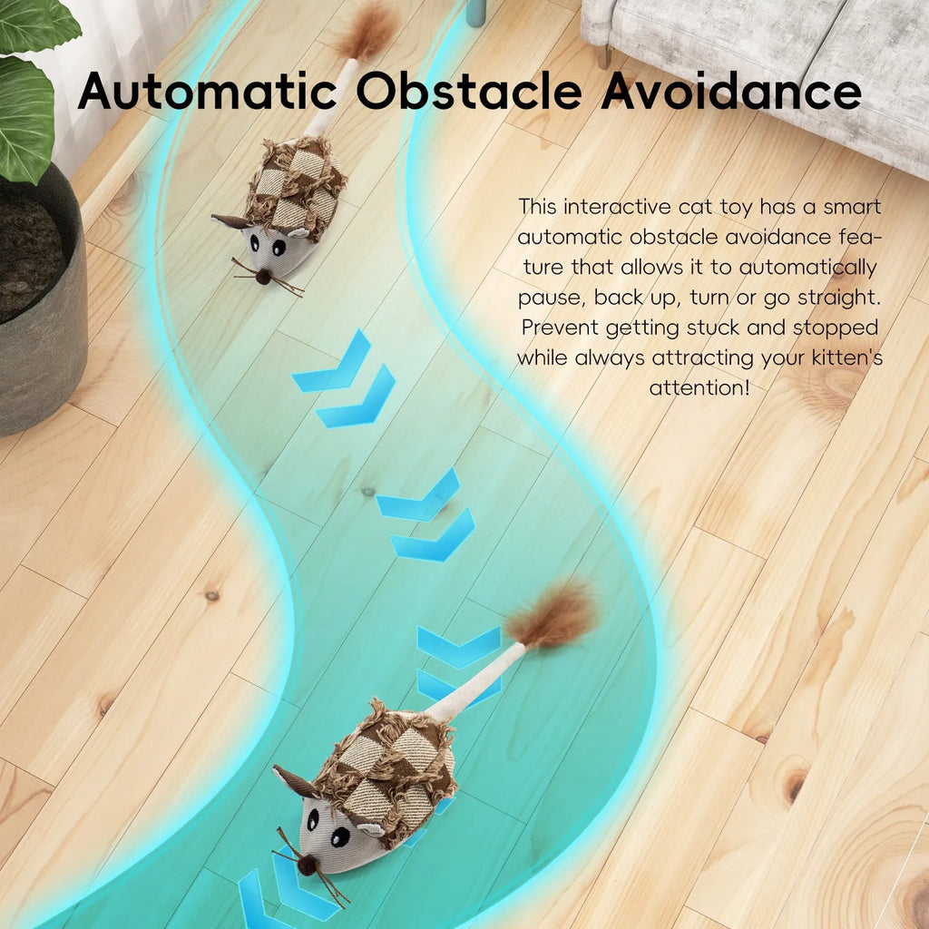 Blue electronic moving mouse cat toy with feather tail on a floor, showing scale.