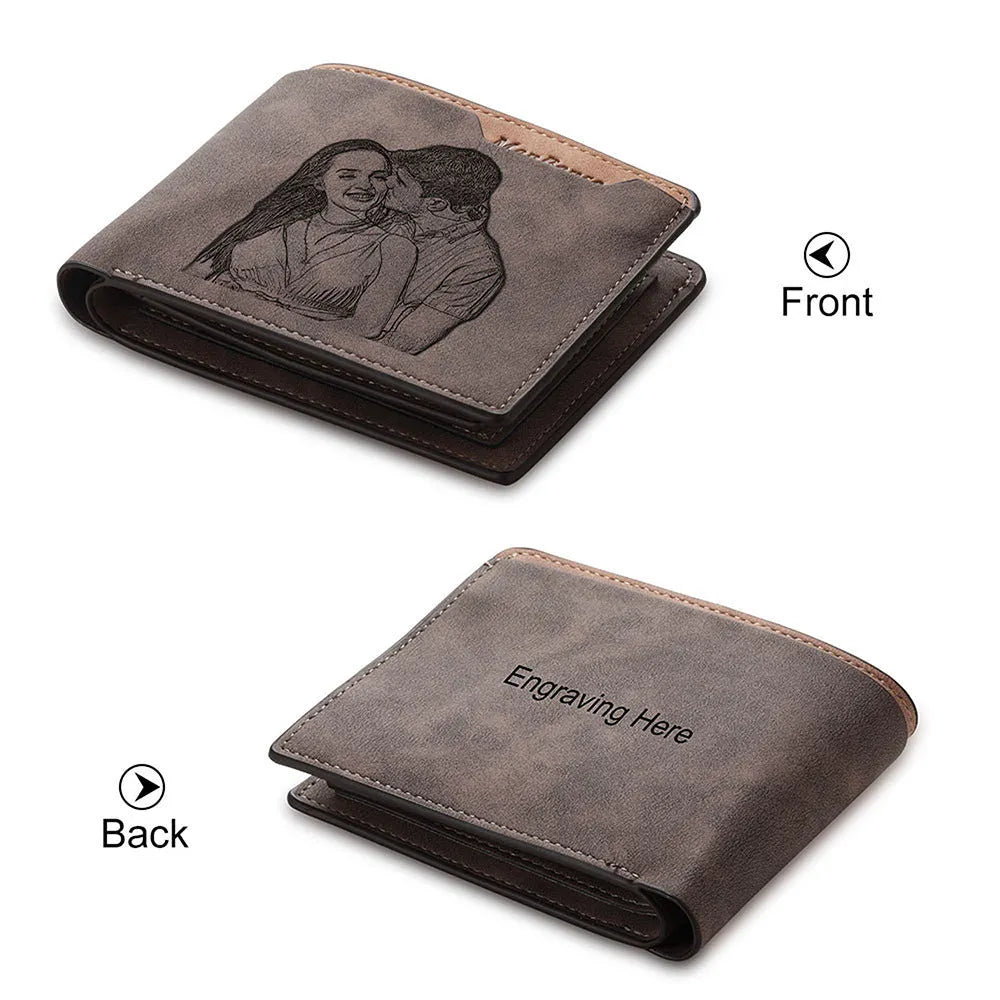 Coffee brown engraved horizontal short PU wallet for men, showing photo personalisation on the cover.