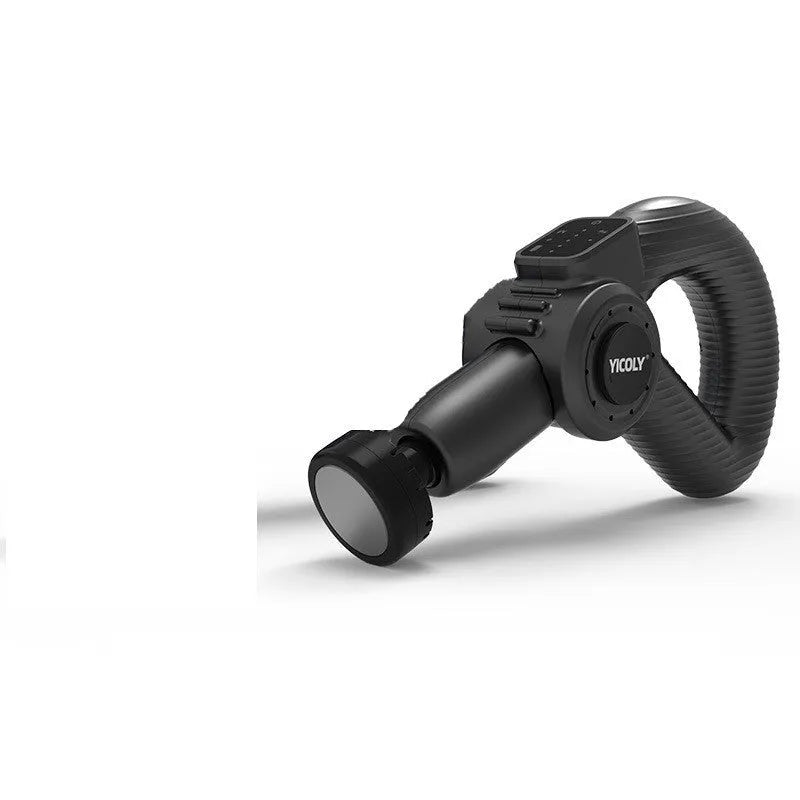 Black smart muscle massage gun with five different massage head attachments on a grey background.