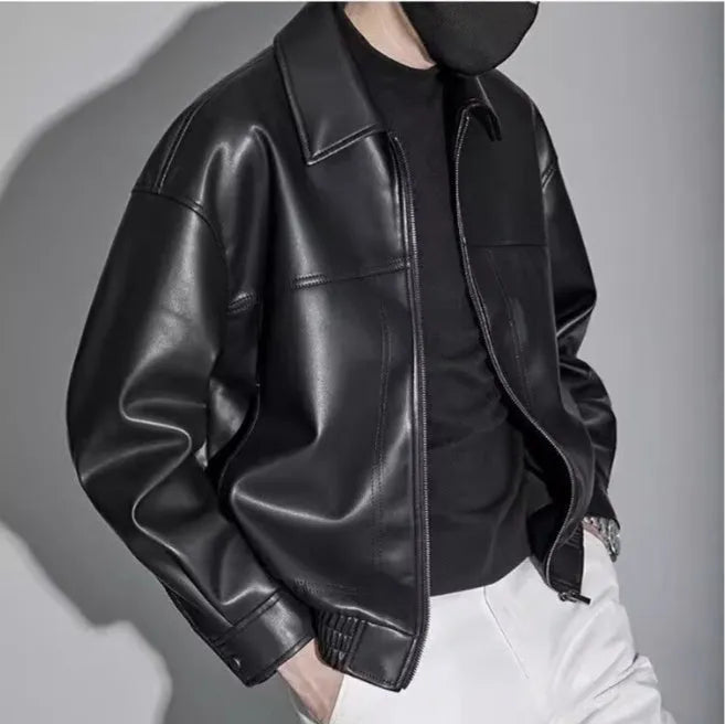 Men's lapel motorcycle jacket cotton blend slim fit black long sleeves size M to 3XL