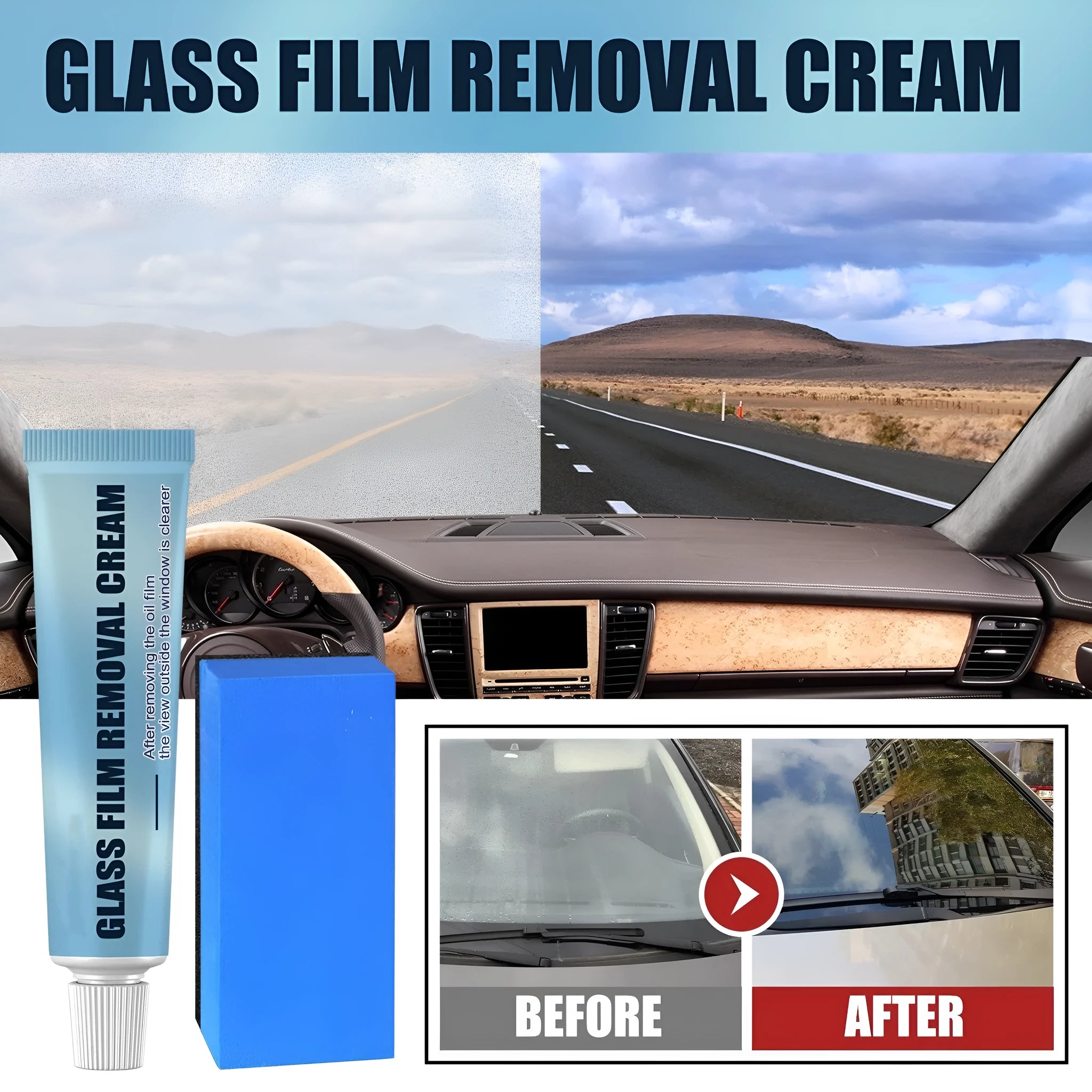 Blue car glass oil film remover tool with soft sponge applicator for clear window visibility