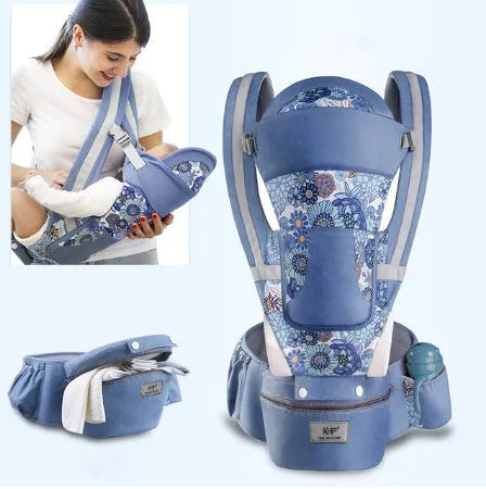 Baby waist stool carrier in blue with breathable mesh, adjustable waistband 71-110cm, cotton fabric