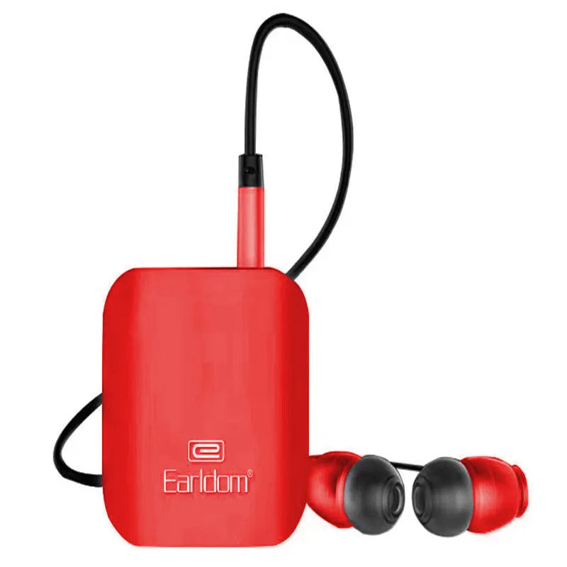 Black Bluetooth lavalier headset with earpiece and control unit, shown with packaging.