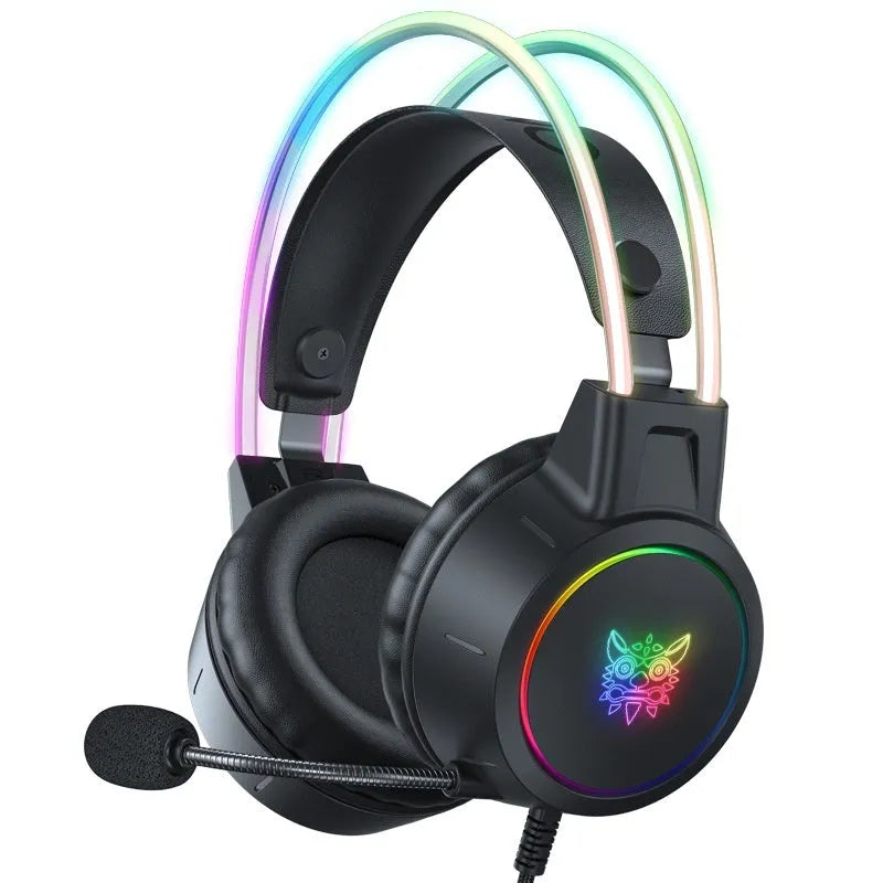 X15PRO wired gaming headset with RGB luminous lights and built-in microphone on black background