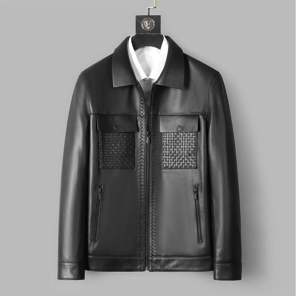 Genuine leather short lapels sheepskin jacket coat black men Korean-style front view