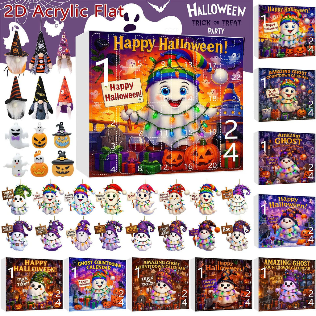 Ghost Pumpkin Doll Blind Box Halloween set with 16 pendants, 6 PVC figurines, and 2 plush dolls