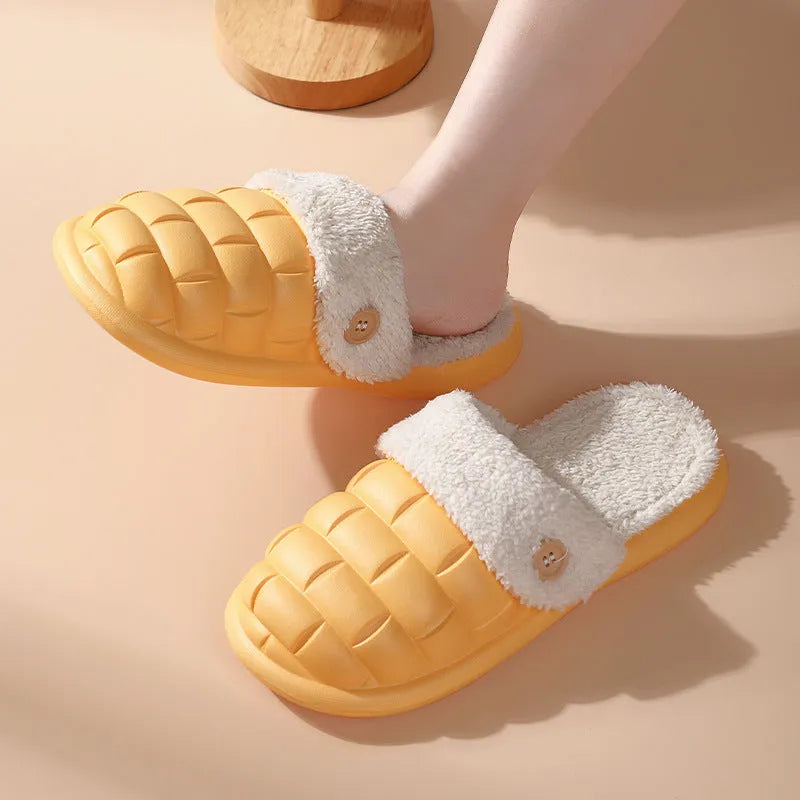 Plaid detachable EVA house slippers for women with plush lining, shown in pink.