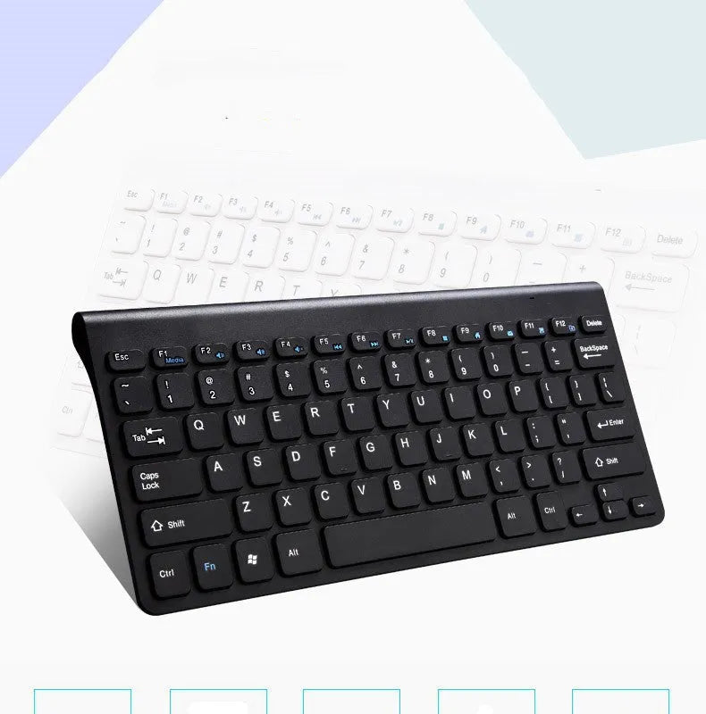 Black and white wireless keyboard and mouse set showing 78-key layout and 4-button mouse design