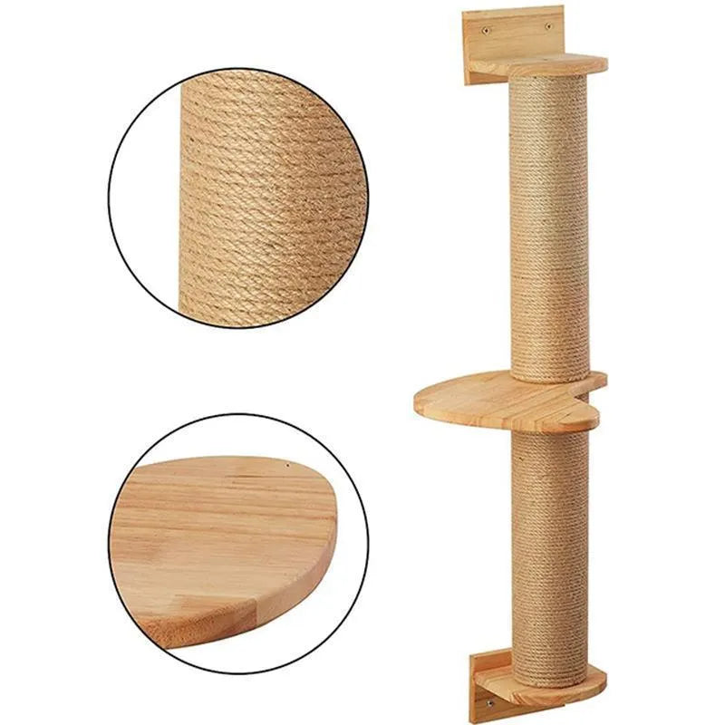 Wooden wall-mounted cat climbing frame with jumping platform and wrapped scratching posts