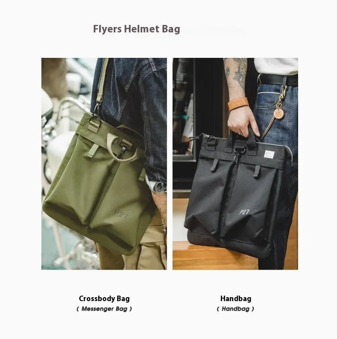 Canvas crossbody messenger bag in retro style with shoulder strap, showing internal phone pocket and 15-inch laptop capacity