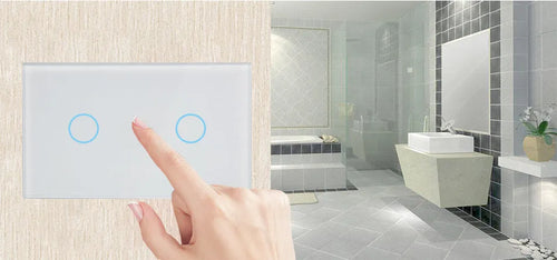 White 2-gang tempered glass touch light switch panel with LED indicators for wall mounting.