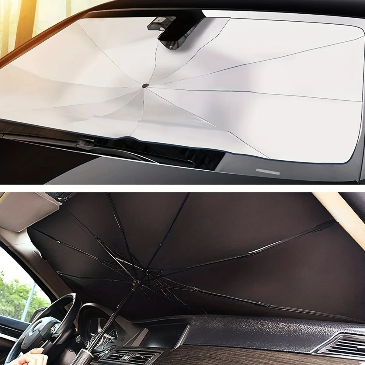 Foldable car windshield sunshade umbrella shown open and folded with automatic rebound button