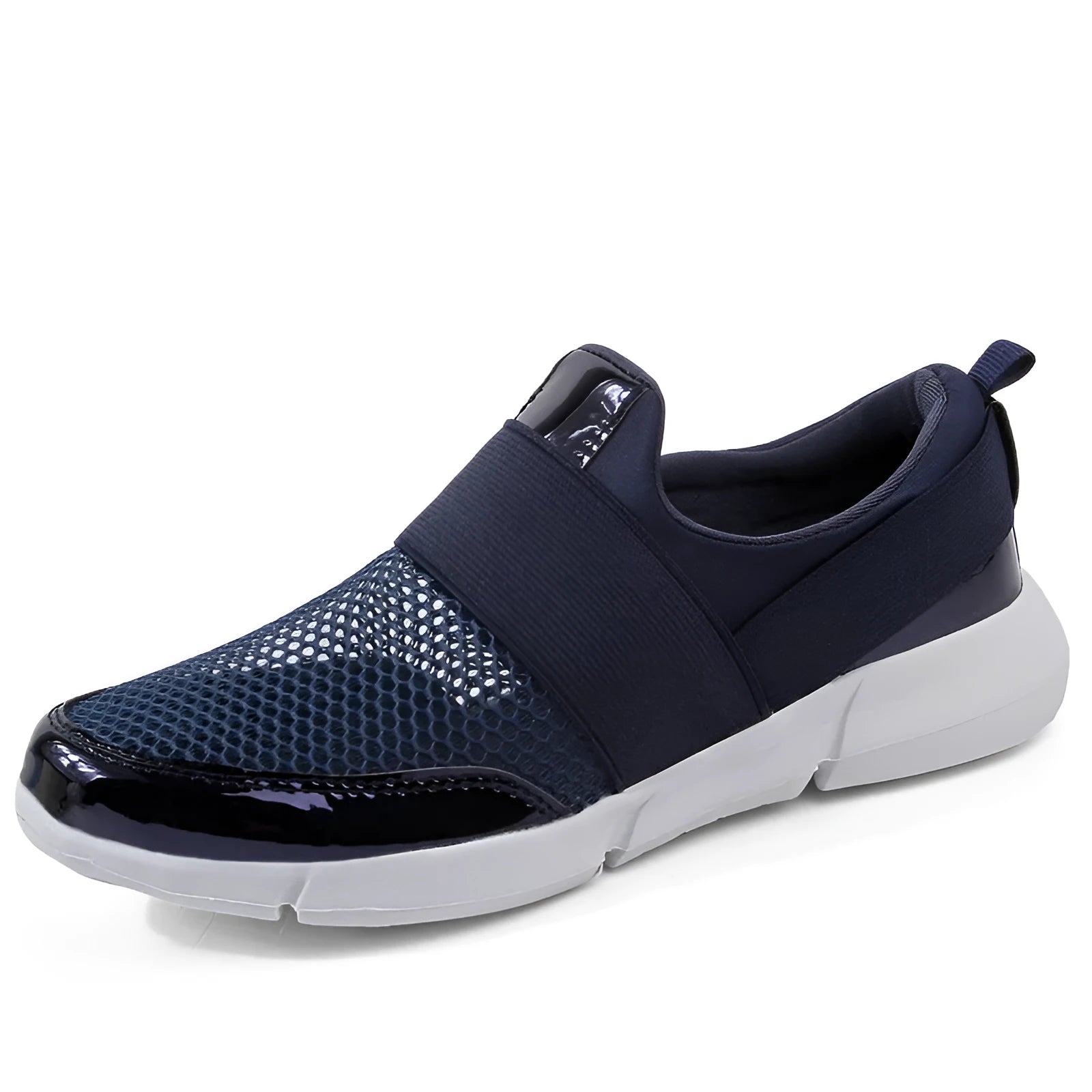 Blue, black, and grey women's low-cut mesh sneakers with a PU midsole on a hard floor.