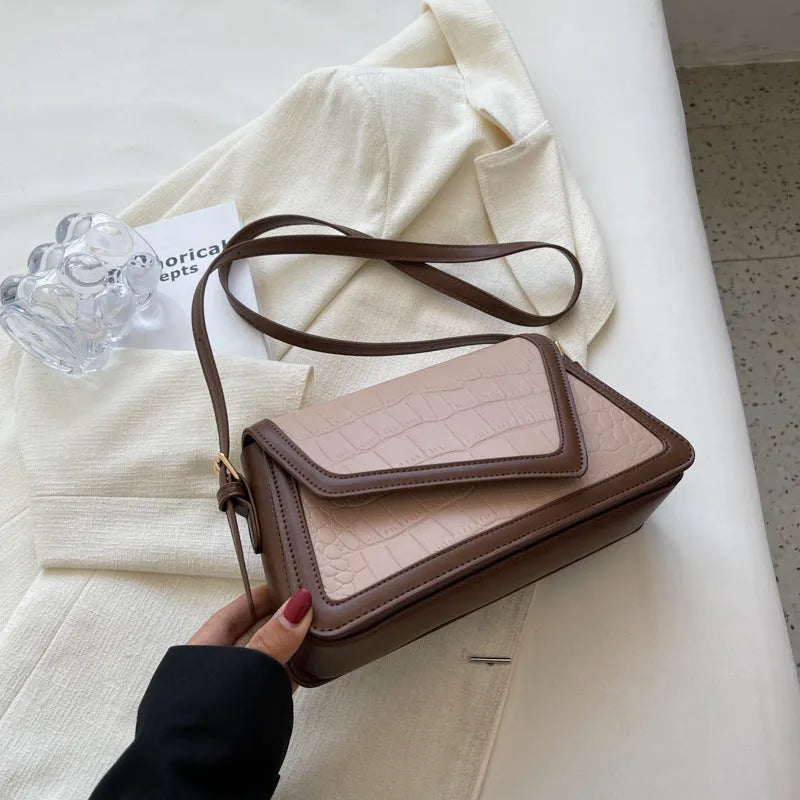 Stone pattern square shoulder bag in PU material showing horizontal suitcase shape with one-shoulder strap