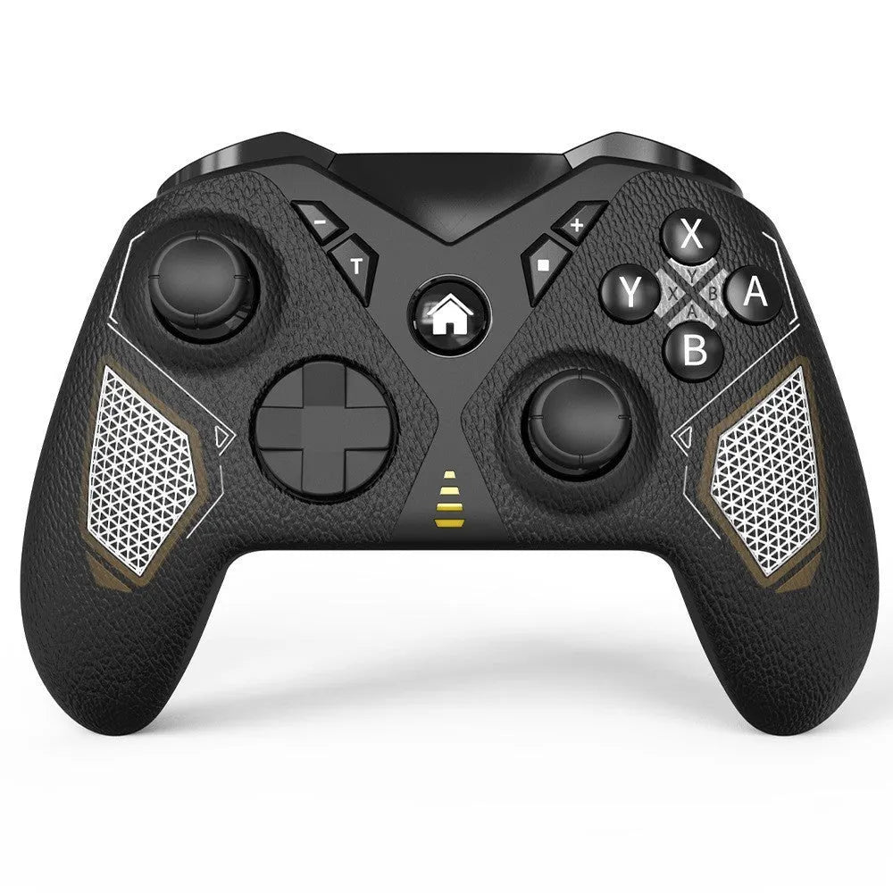 Black wireless game controller with leather-pattern finish for Nintendo Switch, PC, and mobile.