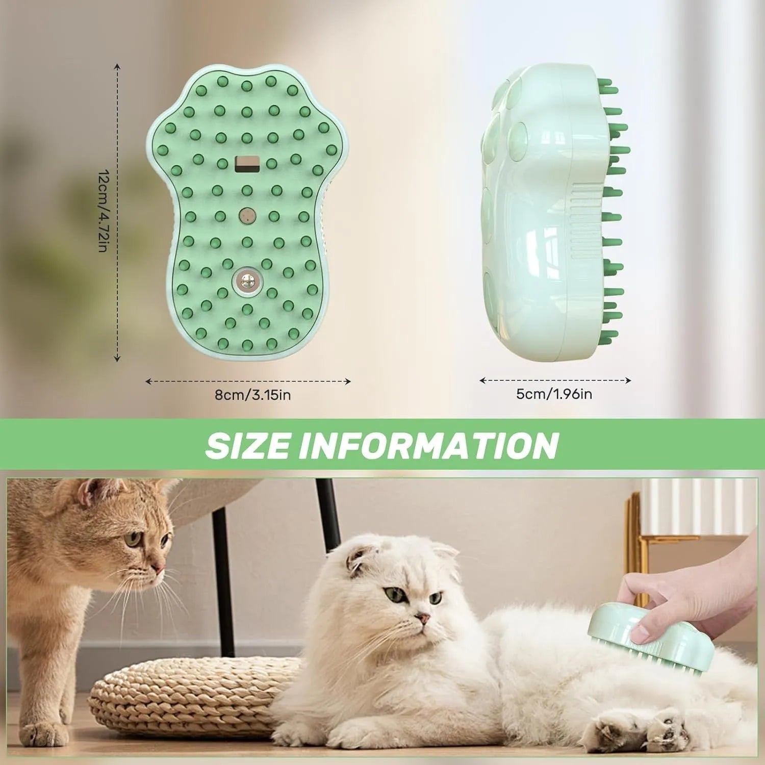 Blue self-cleaning cat steam brush with silicone bristles and release button for pet grooming