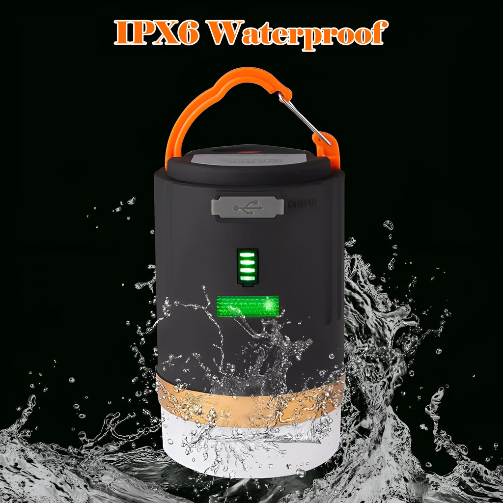 Black rechargeable IPX6 LED camping light with remote control, hanging hook and top magnet on white background