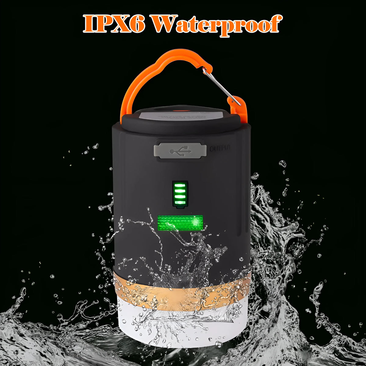 Black rechargeable IPX6 LED camping light with remote control, hanging hook and top magnet on white background