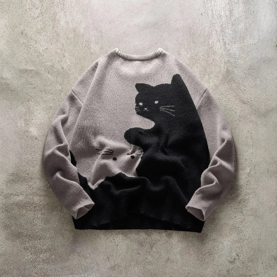 Men's cat pattern round neck knitted pullover sweater in black with jacquard cat motif on front
