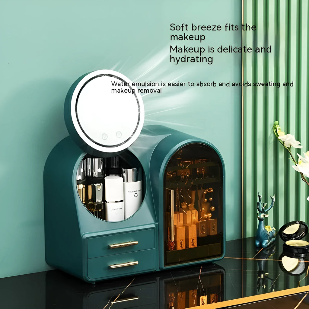 Plastic cosmetics storage rack with LED makeup mirror and soft wind fan, 35L capacity, Milky White, Light Pink or Dark Green