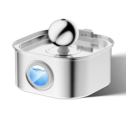 Stainless steel round pet water dispenser with large reservoir and selectable faucet attachment