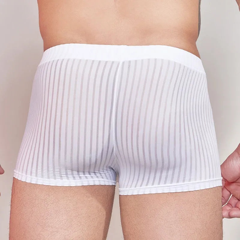 Men's thin striped nylon underwear in black, white, and dark grey on a white background.