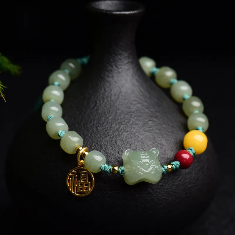 Natural Hetian Jade bracelet with cinnabar beads and zodiac animal sequins