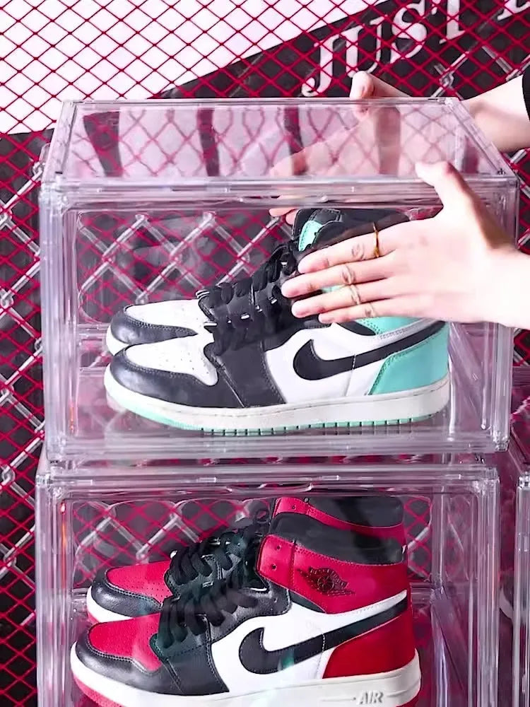 Large transparent acrylic shoe storage box with magnetic side door and lid