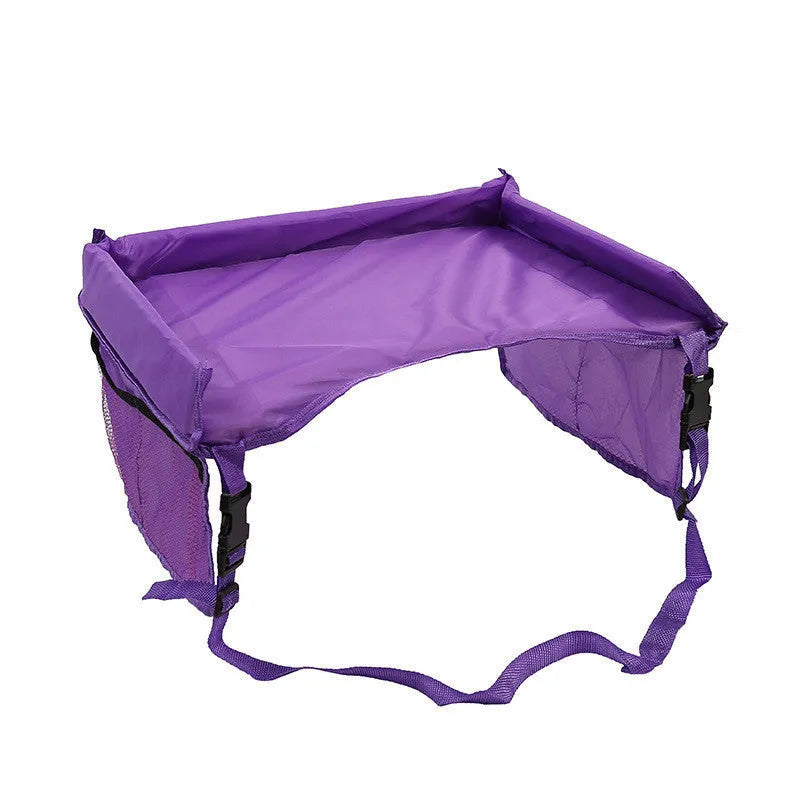 Dark blue waterproof polyester tray for children's toys on a car seat.
