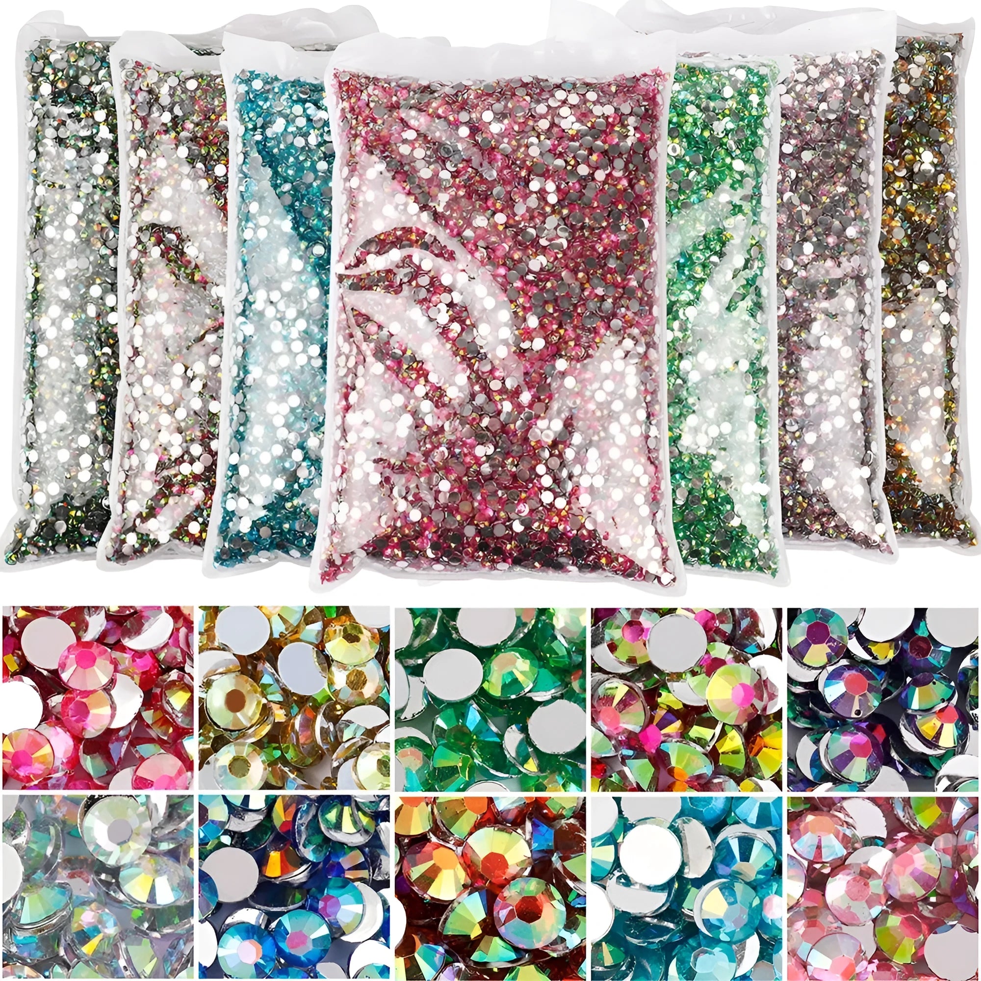 Flat plastic and resin nail rhinestones with electroplated finish in multiple colour options