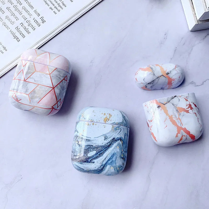 White Marble hard PC protective cover case for Apple AirPods 1 and 2 charging box.