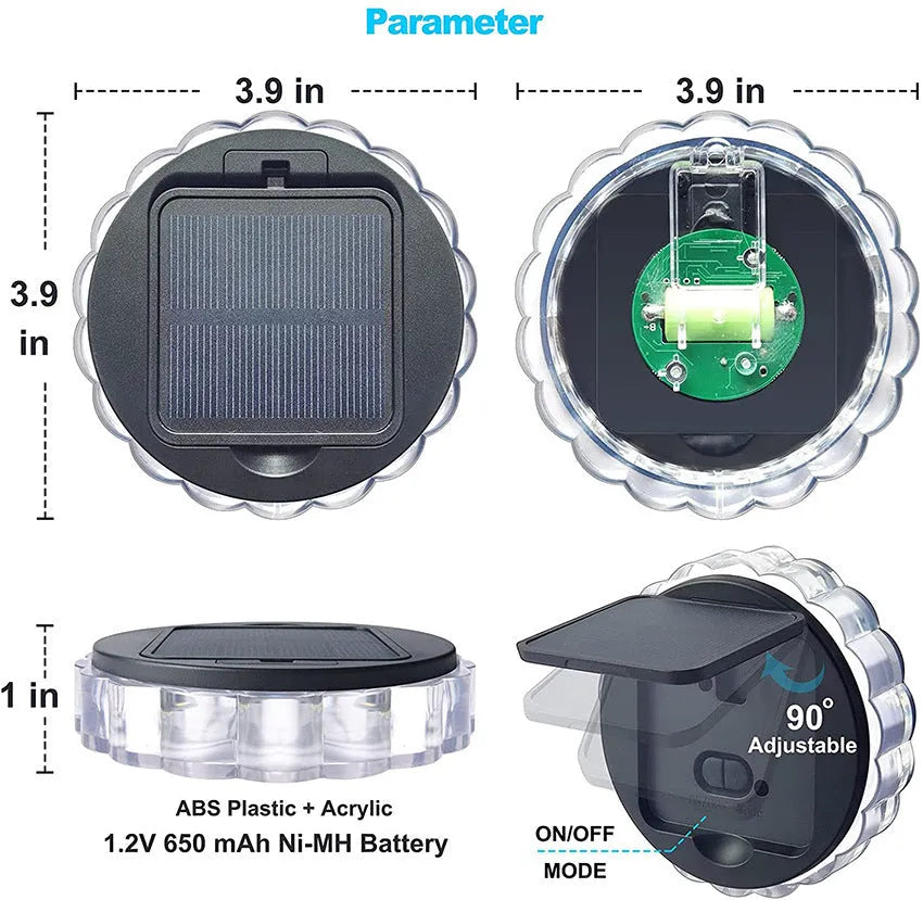 Round solar fence light with 9 LED lights in ABS housing for outdoor wall mounting