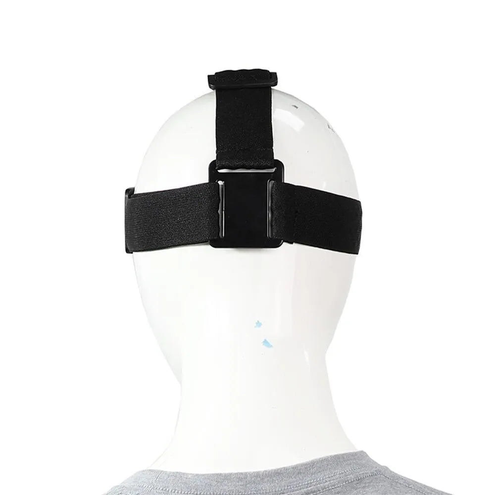 Head-mounted phone holder with screws showing adjustable angle and stretch nylon strap on a black background