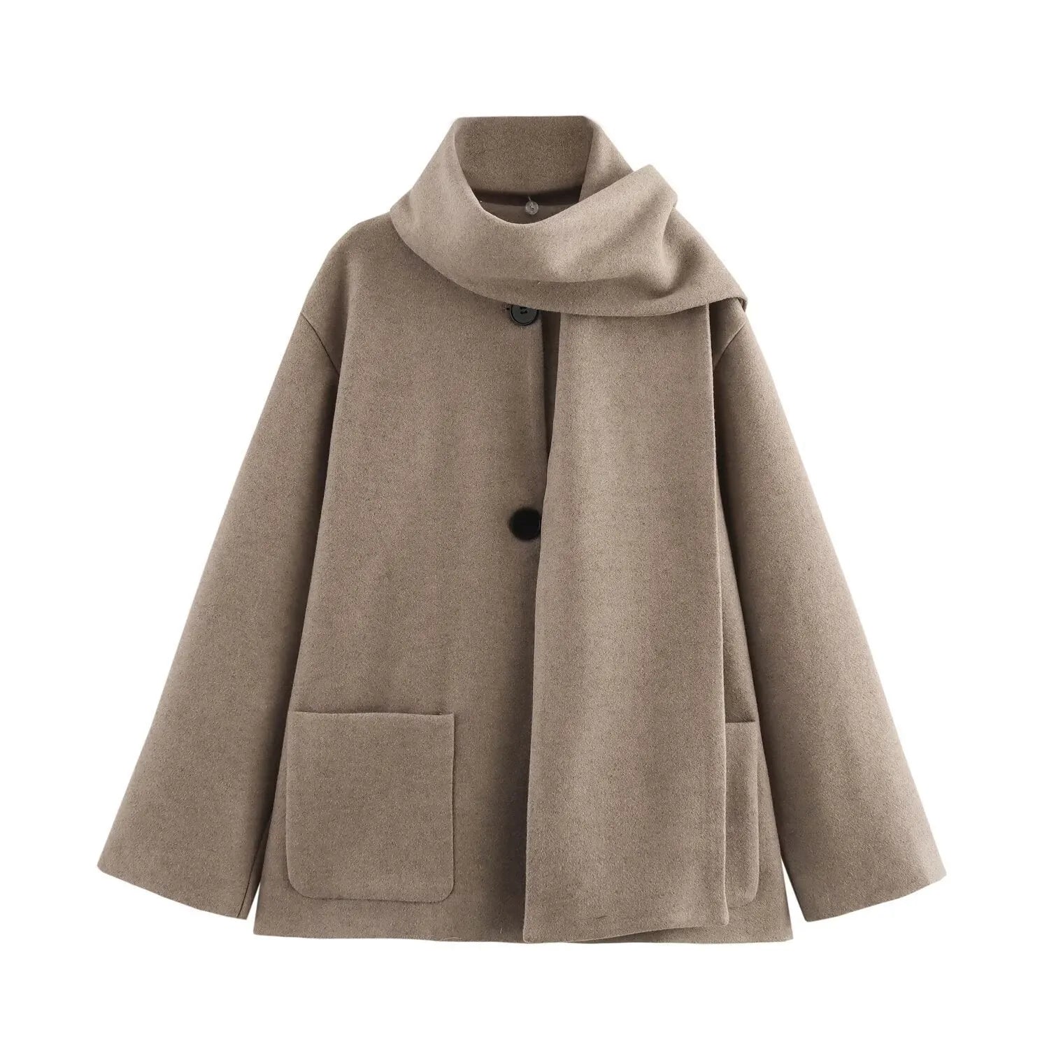 Women's long black overcoat with a grey fur collar and pockets, shown on a model.