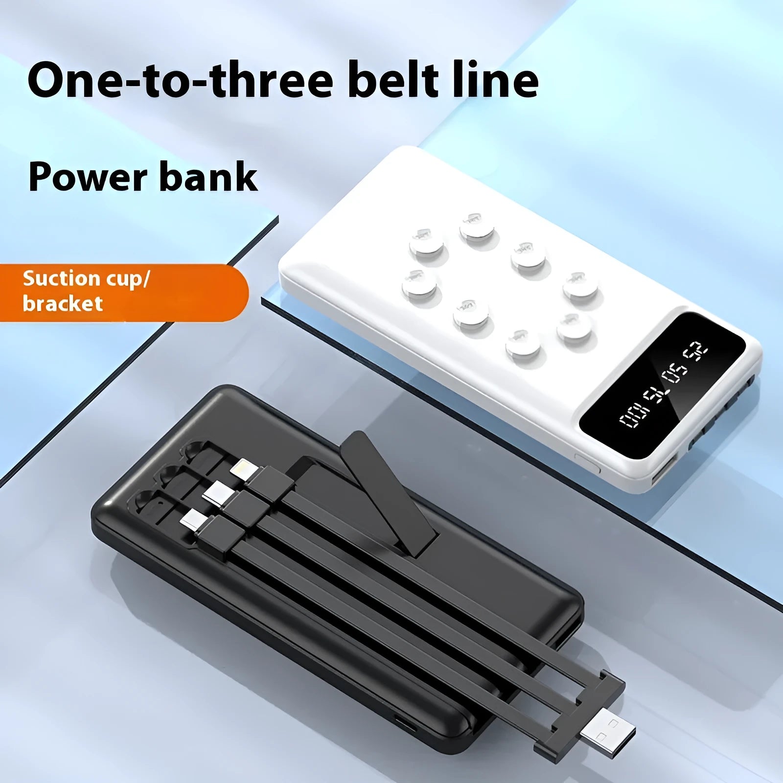 Suction cup power bank 10000mAh with detachable bracket and cable in black or white