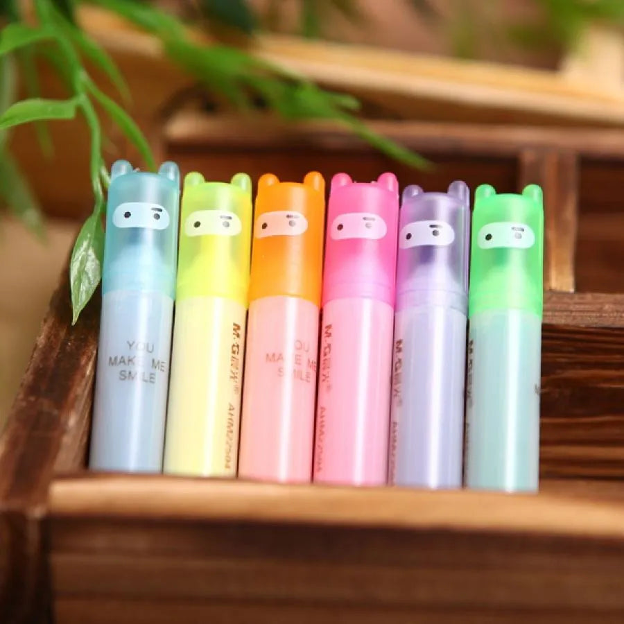 Six colour highlighter set showing yellow, pink, blue, green, orange, and purple pens with oblique tips
