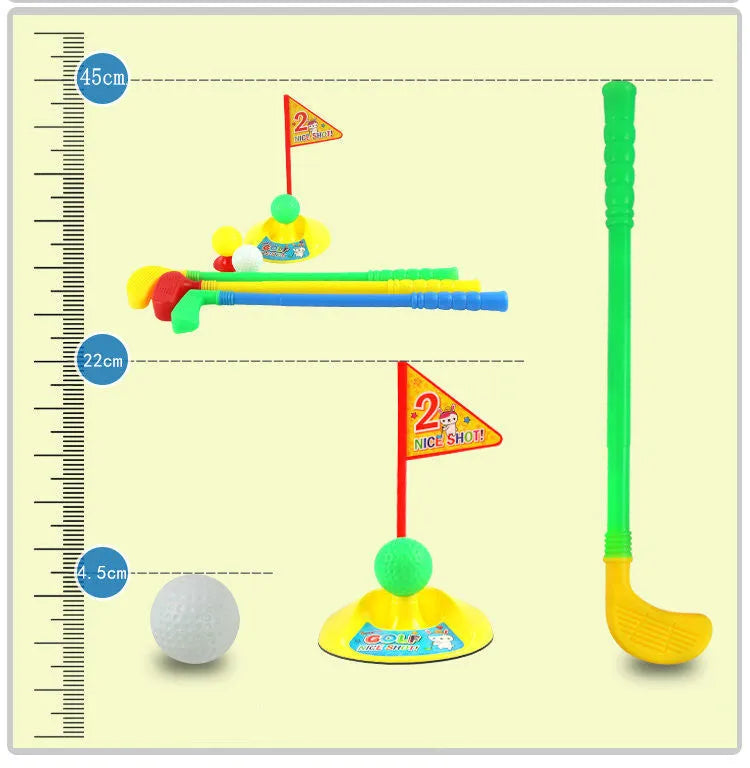 Children's golf set with three clubs, three balls, hole, flag, and tees on grass