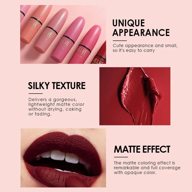 Bullet matte lipstick set 6-piece waterproof non-stick cup wax-based formula in L2198 colours in compact pack