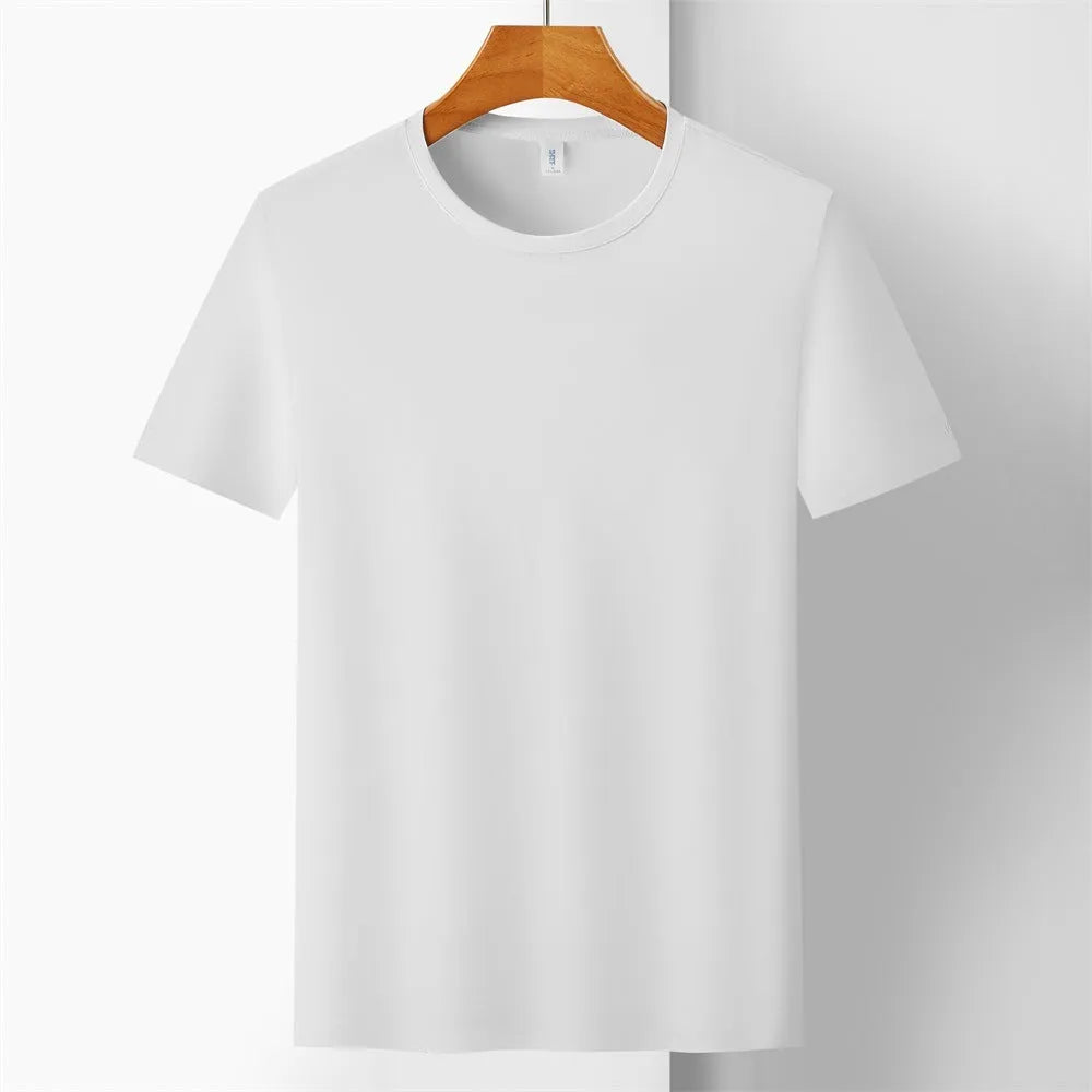 Man wearing a slim fit Ice Silk quick-dry T-shirt in apple green, showing short sleeves and casual style.