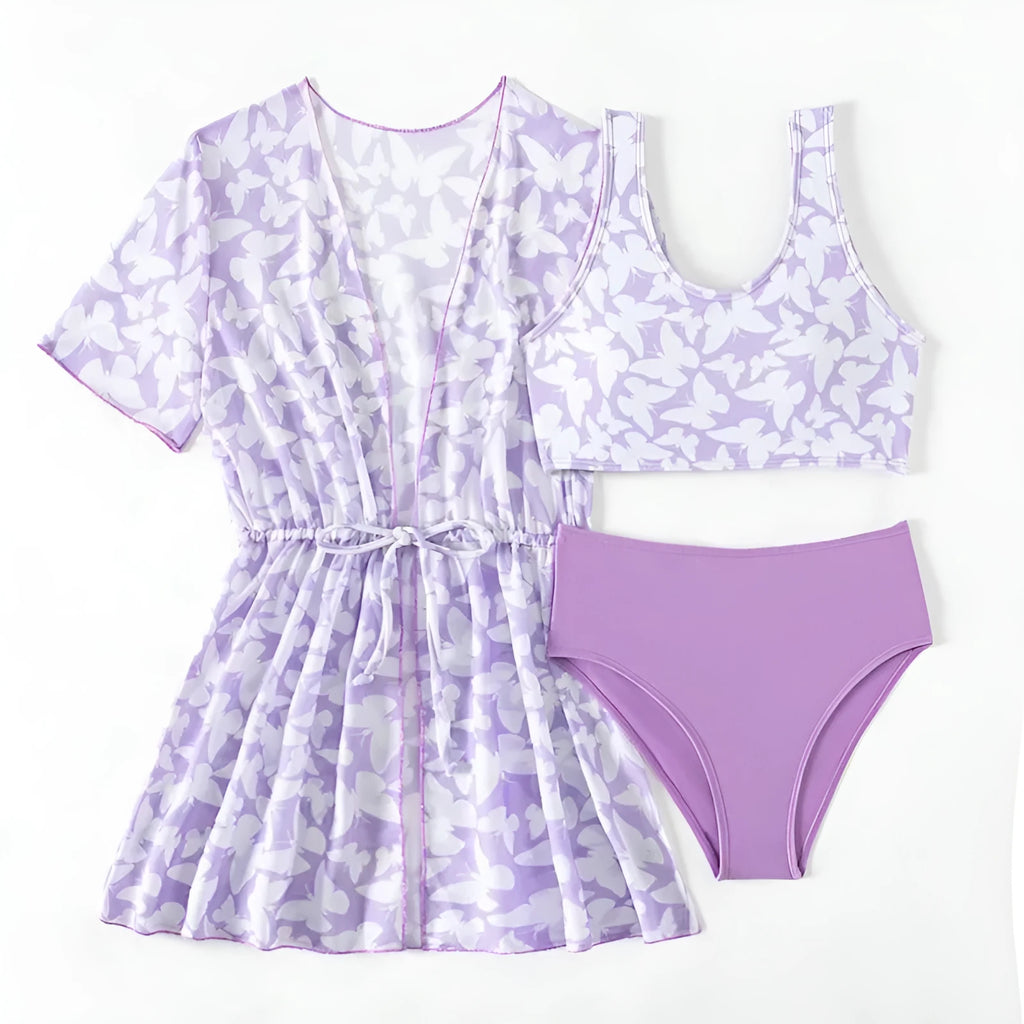 Three piece girls swimsuit set in colour 3218, showing coat, vest and pants.