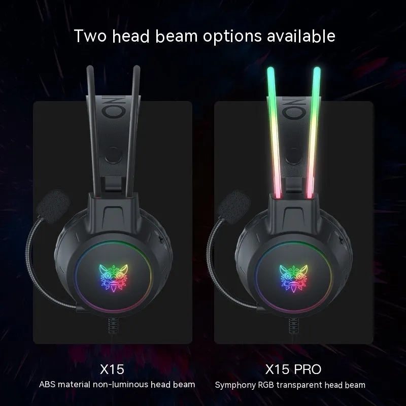 X15PRO wired gaming headset with RGB luminous lights and built-in microphone on black background
